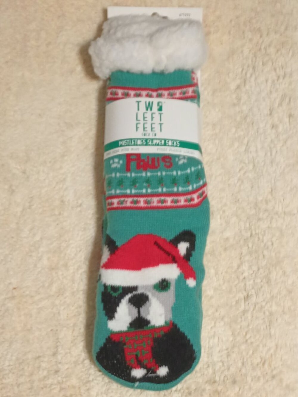 NWT ~ Two Left Feet Santa Paws Mistletoes Faux Fur Lined Novelty Slipper Socks